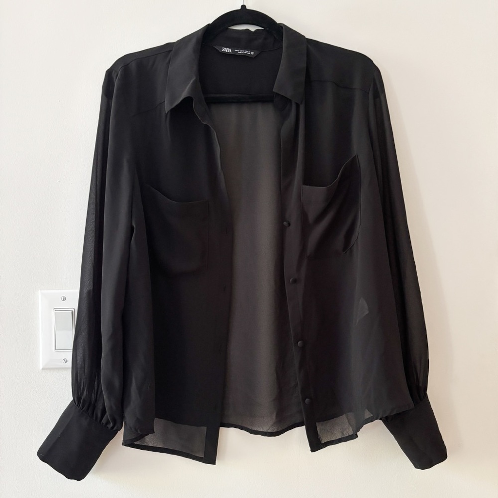 Zara Black Sheer Button-Up Blouse